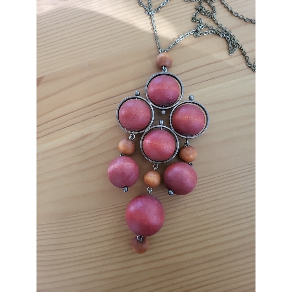 Aarikka Necklace Pendant Modernist Signed Red Wood Bead 70s Mid Century Finland